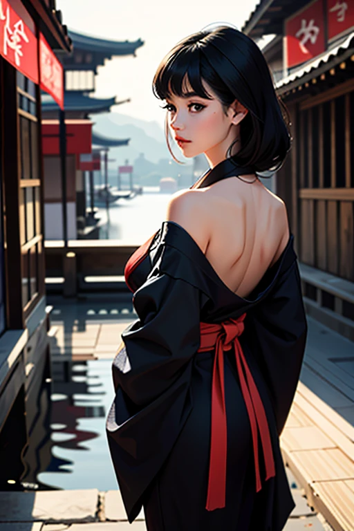 (1 incredibly beautiful young femme fatale: 1,3), geisha, ((zen)), (masterpiece, highest quality: 1,3), extremely detailed background, Zen calligraphy, unique visual effect, long black hair, long bangs, lilac eyes, full-length, red kimono, open shoulders, photo from behind, looking at the camera over his shoulder, confused, realistic, full-length. a real masterpiece.