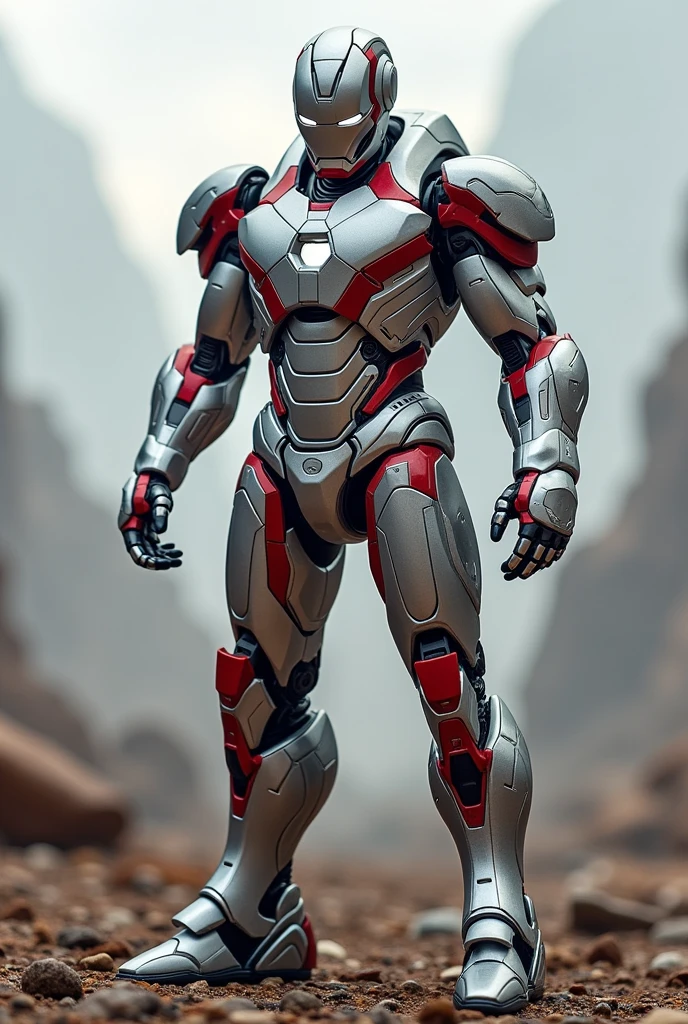 Iron man with silver body with mixing of red strips 
