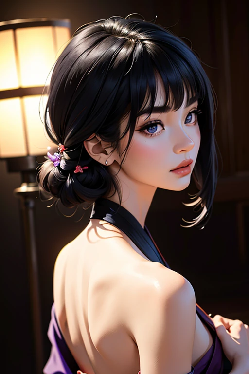 (1 incredibly beautiful young femme fatale: 1,3), geisha, ((zen)), (masterpiece, highest quality: 1,3), extremely detailed background, Zen calligraphy, unique visual effect, long black hair, long bangs, lilac eyes, full-length, red kimono, open shoulders, photo from behind, looking at the camera over his shoulder, confused, realistic, full-length. a real masterpiece.