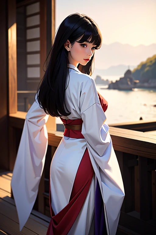 (1 incredibly beautiful young femme fatale: 1,3), geisha, ((zen)), (masterpiece, highest quality: 1,3), extremely detailed background, Zen calligraphy, unique visual effect, long black hair, long bangs, lilac eyes, full-length, red kimono, open shoulders, photo from behind, looking at the camera over his shoulder, confused, realistic, full-length. a real masterpiece.