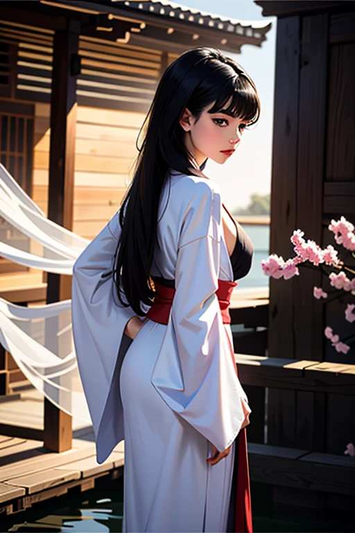 (1 incredibly beautiful young femme fatale: 1,3), geisha, ((zen)), (masterpiece, highest quality: 1,3), extremely detailed background, Zen calligraphy, unique visual effect, long black hair, long bangs, lilac eyes, full-length, red kimono, open shoulders, photo from behind, looking at the camera over his shoulder, confused, realistic, full-length. a real masterpiece.