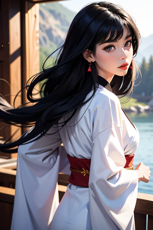 (1 incredibly beautiful young femme fatale: 1,3), geisha, ((zen)), (masterpiece, highest quality: 1,3), extremely detailed background, Zen calligraphy, unique visual effect, long black hair, long bangs, lilac eyes, full-length, red kimono, open shoulders, photo from behind, looking at the camera over his shoulder, confused, realistic, full-length. a real masterpiece.