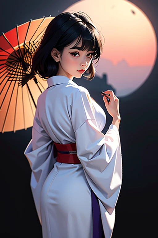 (1 incredibly beautiful young femme fatale: 1,3), geisha, ((zen)), (masterpiece, highest quality: 1,3), extremely detailed background, Zen calligraphy, unique visual effect, long black hair, long bangs, lilac eyes, full-length, red kimono, open shoulders, photo from behind, looking at the camera over his shoulder, confused, realistic, full-length. a real masterpiece.