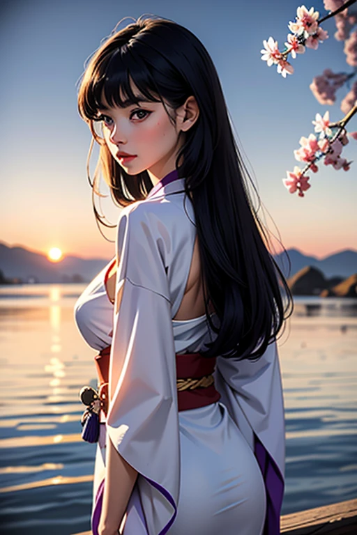 (1 incredibly beautiful young femme fatale: 1,3), geisha, ((zen)), (masterpiece, highest quality: 1,3), extremely detailed background, Zen calligraphy, unique visual effect, long black hair, long bangs, lilac eyes, full-length, red kimono, open shoulders, photo from behind, looking at the camera over his shoulder, confused, realistic, full-length. a real masterpiece.