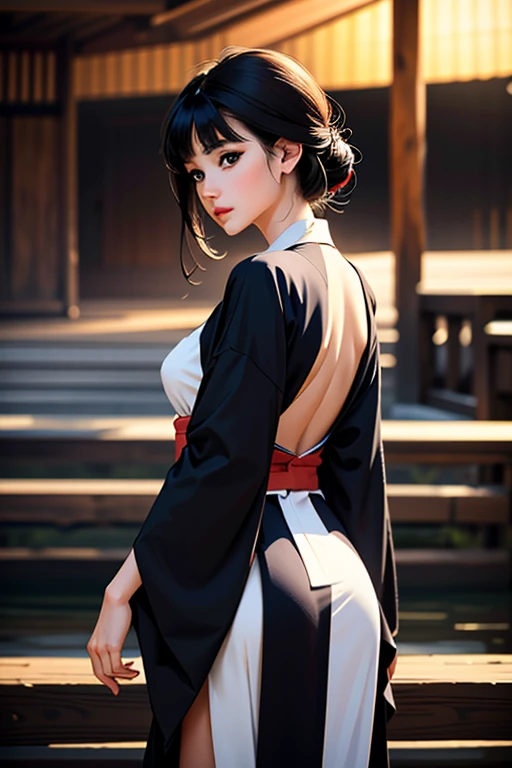 (1 incredibly beautiful young femme fatale: 1,3), geisha, ((zen)), (masterpiece, highest quality: 1,3), extremely detailed background, Zen calligraphy, unique visual effect, long black hair, long bangs, lilac eyes, full-length, red kimono, open shoulders, photo from behind, looking at the camera over his shoulder, confused, realistic, full-length. a real masterpiece.