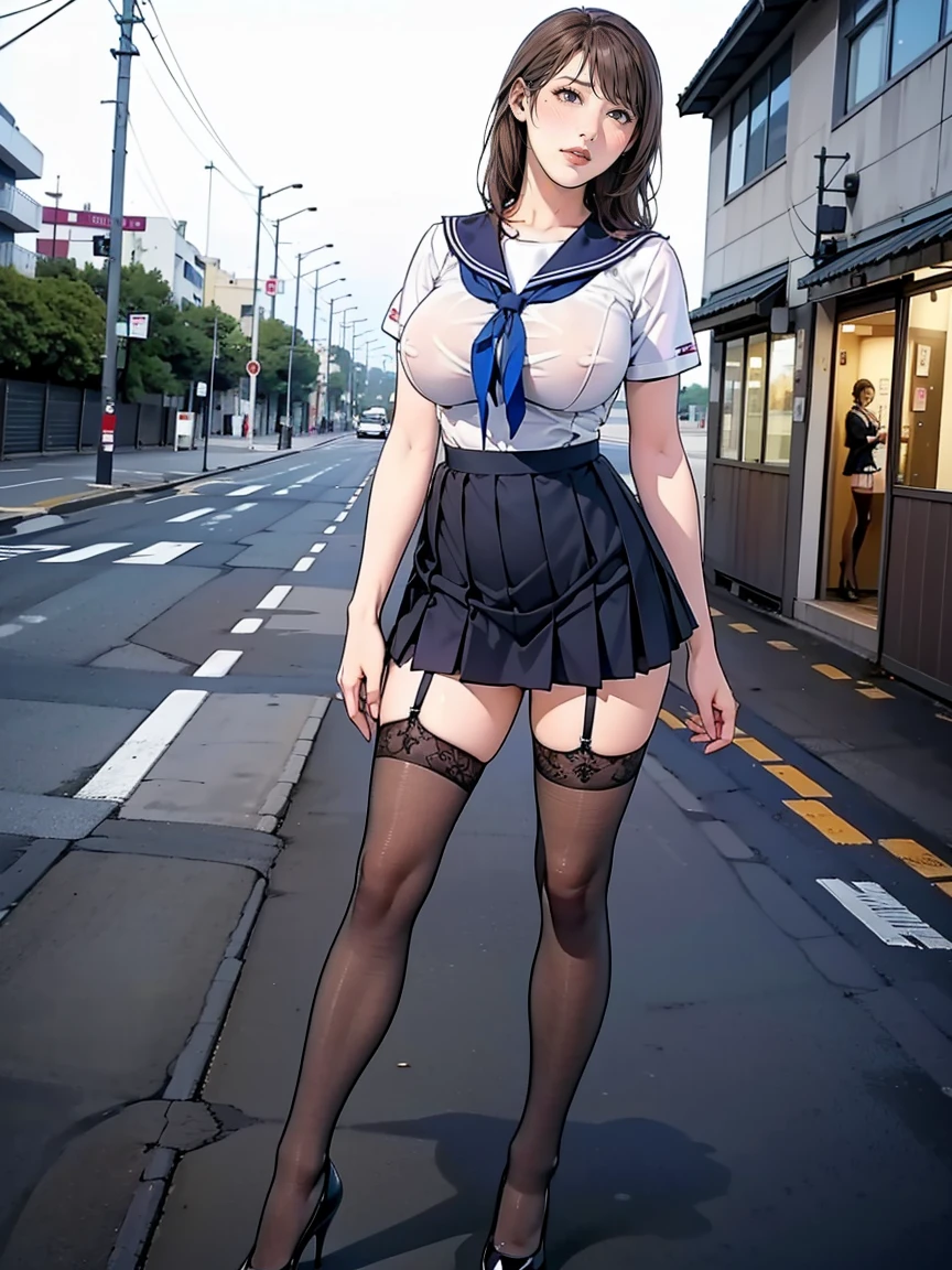 (masterpiece, Highest quality:1.2), One Girl, alone, whole body, Big Breasts,, Brown Hair,Big Breasts, Brown eyes, Mature Woman, blush, , she is standing on the street,whole body, Brown Hair, lipstick, ランダムなカラーのSailor suit、((High quality fabric, Sailor suit, Navy Pleated Skirt)), ((Short length)), zettai ryouiki, Exposing your thighs, White skin, (Black garter stockings), ((Wear black high heels)), pubic hair,Her short skirt barely covers her pussy,, (I like showing my crotch to the audience......, ),pubic hair,