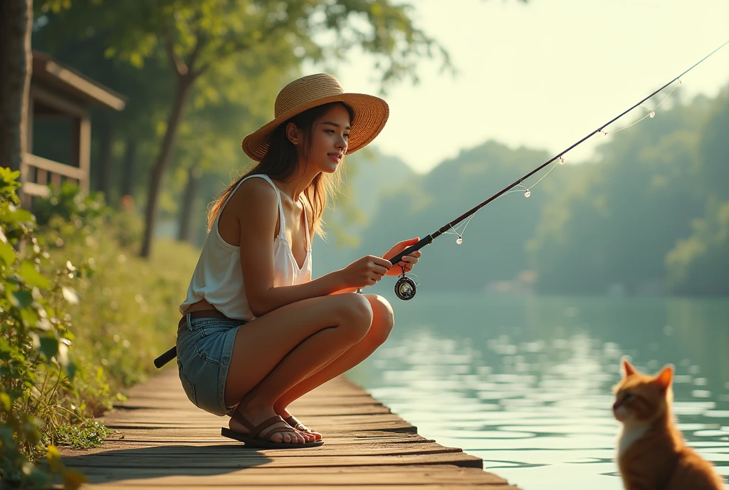 Summer pier, young woman in shorts, sandals and large straw hat, squatting and fishing, cat sitting next to her, cat also looking out to sea, oblivious to camera, side view, sunny summer afternoon, ((masterpiece, Highest quality, Best image quality, High resolution, Realistic, RAW Photos, 8k, Highly detailed CG synthesis 8k wallpaper)), (Huge and stunning goddess shot, Very hot and sexy, Incredible beauty, Perfect Proportions, Beautiful body, Slim body beauty:1.4), 