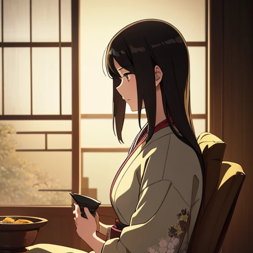 
Long dark hair, straight with a few loose strands. Wearing a traditional light gray kimono adorned with subtle floral patterns and secured with a yellow and green obi. Hands resting on lap, seated in a composed and serene pose. Indoor setting with traditional Japanese shoji screens in the background. Soft, diffused lighting creating a calm and peaceful atmosphere. View from a front angle with sharp focus on the subject and a hint of natural light filtering in.