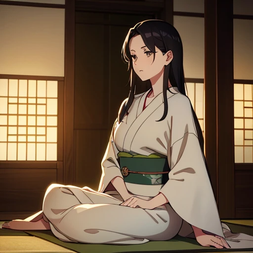 
Long dark hair, straight with a few loose strands. Wearing a traditional light gray kimono adorned with subtle floral patterns and secured with a yellow and green obi. Hands resting on lap, seated in a composed and serene pose. Indoor setting with traditional Japanese shoji screens in the background. Soft, diffused lighting creating a calm and peaceful atmosphere. View from a front angle with sharp focus on the subject and a hint of natural light filtering in.