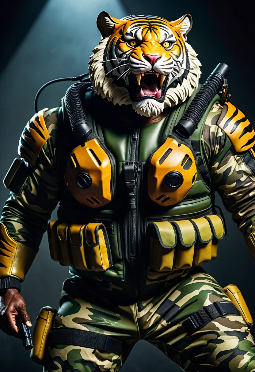 (a dark-skinned bearded fat muscular old man in a bulky army camouflage zipper diver suit) carrying a gun, (wearing realistic roaring tiger mask), dynamic action pose, fierce expression, showcasing an imposing stature, surrounded by military elements, dramatic shadows and intense highlights, cinematic color tones, high detail, powerful, art influenced by Bruce Onobrakpeya and Stanley Artgerm, ultra-detailed, best quality image, action-packed atmosphere, patrolling, masterpiece, 8k quality.