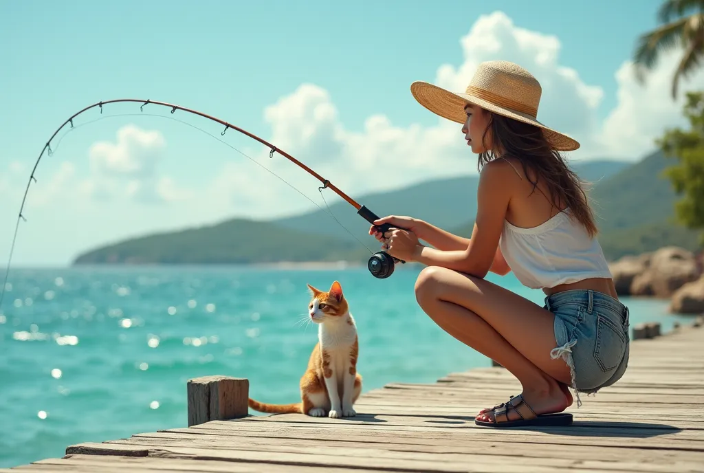 Summer pier, young woman in shorts, sandals and large straw hat, squatting and fishing, cat sitting next to her, cat also looking out to sea, oblivious to camera, side view, sunny summer afternoon, ((masterpiece, Highest quality, Best image quality, High resolution, Realistic, RAW Photos, 8k, Highly detailed CG synthesis 8k wallpaper)), (Huge and stunning goddess shot, Very hot and sexy, Incredible beauty, Perfect Proportions, Beautiful body, Slim body beauty:1.4), 