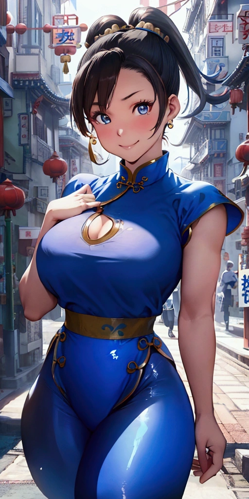 ((Chun-Li,ponytail,blue Leggings:1.3)),upper body, Looking at the audience,Slim and sexy figure, the best quality, (8k), (4K),(masterpiece), (the best quality), Extremely detailed, Game CG, Ultra Detailed, illustration, Beautiful Body,Beautiful nose, Perfect Eye, Perfect Face , 1 girl, 30 years,Fair Finger,Fair body, Fair Nose,Fair character design, perfect Eye, perfect Face,expressive Eye,Perfect balance,(Focus on her Face),(Smile:0.3), official art,Extremely detailed CG Unity 8K wallpaper, rich and colourful, (masterpiece:1.0),(the best_quality:1.0), Ultra-high resolution,4K,Ultra Detailed, photography, 8k, HDR, high resolution, (Fair,Big goals_Chest:1.4), (blue china dress,smile,pretty face,Clear image:1.3),((青い炎のようなオーラを身にまとう,The background is Chinatown:1.3))