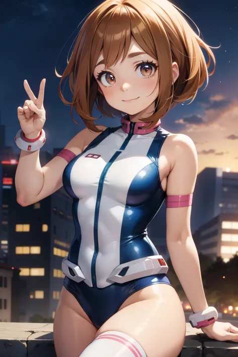 ochaco uraraka  ,1girl , anime , masterpiece  ,  smug smile ,short hair, hero uniforme  leotard  ,uravity  , medium  breasts , c...