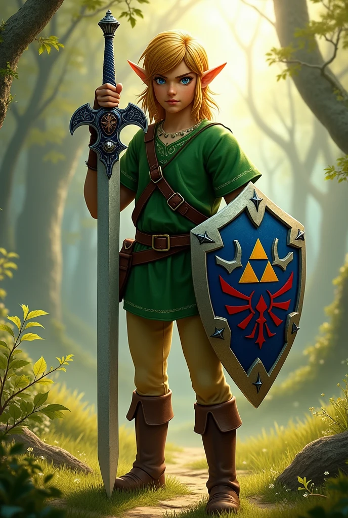 Realistic photo link and Navi all with minimal details master sword and shield of the tri force.