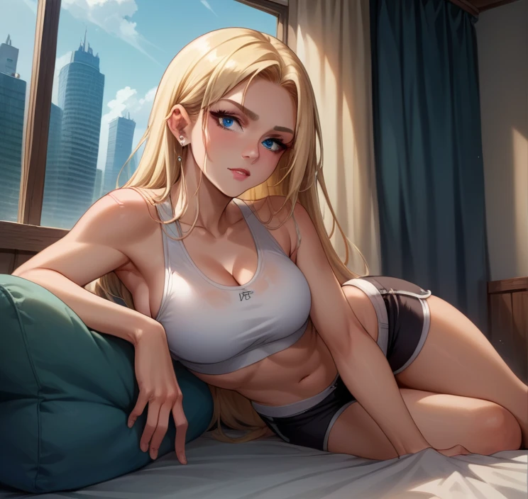 score_9, score_8_up,score_7_up, source_anime, 1girl, solo, Emma Frost 2022
, blue eyes,blonde hair, very long hair,medium breasts, perfect body, nice body, curvy,ear piercing, (all white sports bra,shorts),bedroom, at a dark room, at night , city view from the window, Parted Bangs, Straight Hair, 