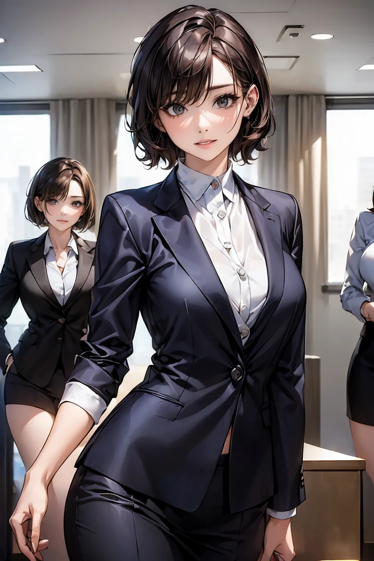 (Businesswoman, Three sexy women in suits:1.6), Sexy smile, Portrait, ((Short Curly Hair, Bob Hair, Straight Long, Different hair colors)), (office)