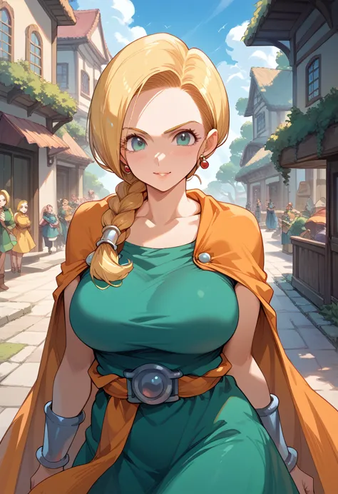 masterpiece,high resolution,highest quality,8k
(dragon quest,bianca whitaker)
(mature woman,blonde,braid,big breasts)
(green dre...