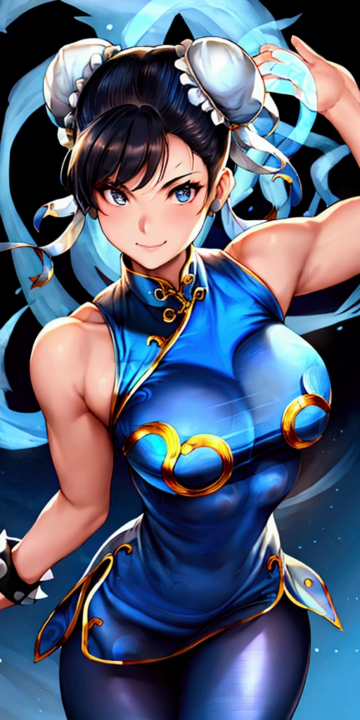 ((Chun-Li,ponytail,blue Leggings:1.3)),upper body, Looking at the audience,Slim and sexy figure, the best quality, (8k), (4K),(masterpiece), (the best quality), Extremely detailed, Game CG, Ultra Detailed, illustration, Beautiful Body,Beautiful nose, Perfect Eye, Perfect Face , 1 girl, 30 years,Fair Finger,Fair body, Fair Nose,Fair character design, perfect Eye, perfect Face,expressive Eye,Perfect balance,(Focus on her Face),(Smile:0.3), official art,Extremely detailed CG Unity 8K wallpaper, rich and colourful, (masterpiece:1.0),(the best_quality:1.0), Ultra-high resolution,4K,Ultra Detailed, photography, 8k, HDR, high resolution, (Fair,Big goals_Chest:1.4), (blue china dress,smile,pretty face,Clear image:1.3),((((Surround yourself with a blue flame-like aura,The background is Chinatown,Outdoor:1.3))))