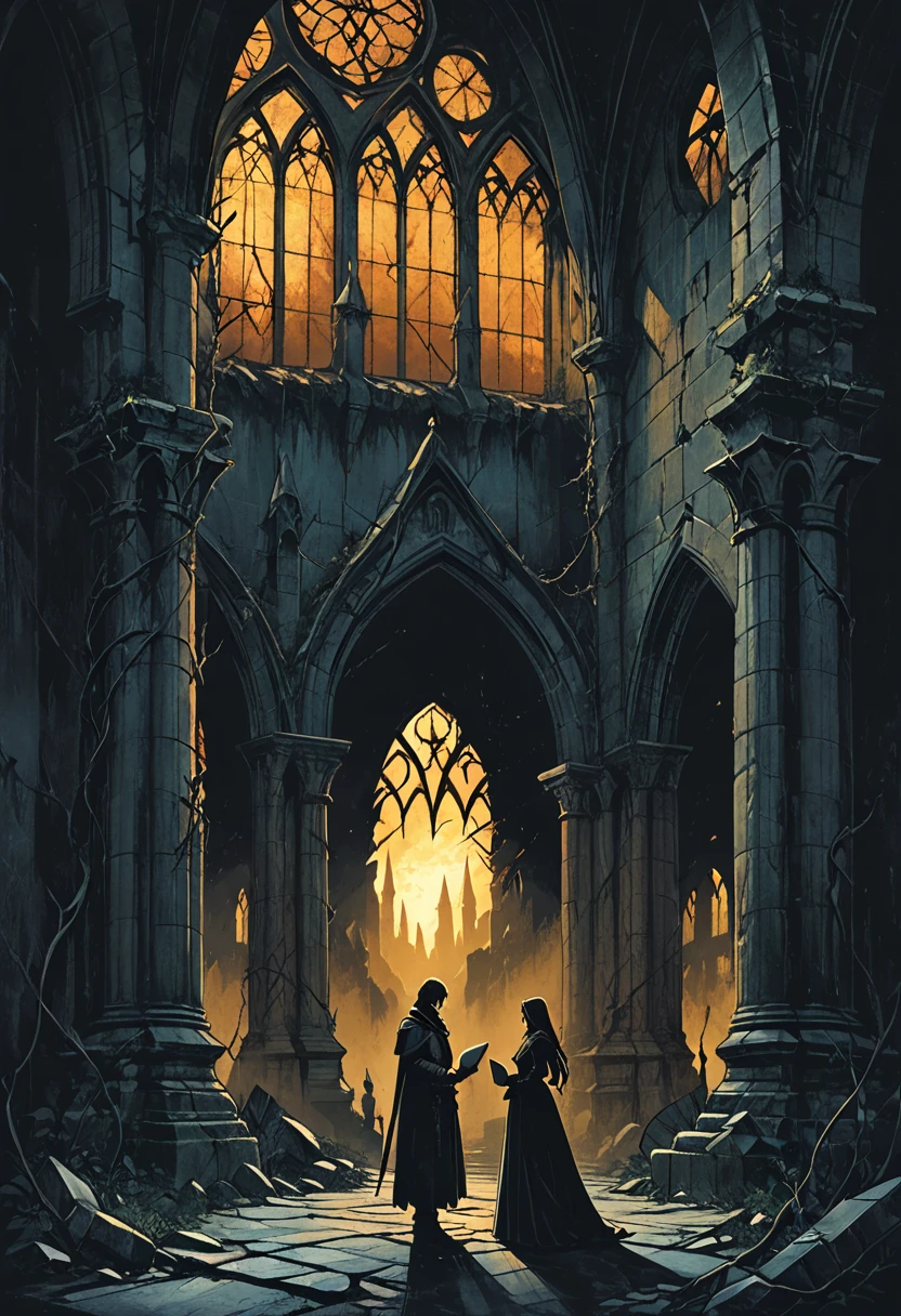 dark fantasy scene of two characters dressed in medieval-style clothing, standing in a ruined, ancient cathedral. The man and woman are holding an old, magical tome, their expressions serious as they study its dark secrets. The once-beautiful stone arches of the cathedral are now overgrown with twisted vines and dark shadows, with faint, eerie light seeping through cracked stained-glass windows. Gargoyle statues and crumbling pillars surround them, and the atmosphere is filled with a sense of ancient magic and impending doom. The sky outside is clouded, casting a muted, cold light over the scene as dark, mysterious forces loom in the distance