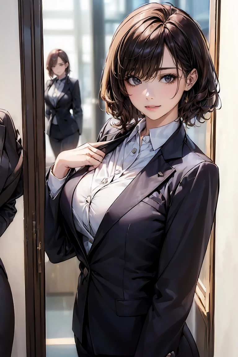 (Businesswoman, Three sexy women in suits:1.8), Sexy smile, Close-up selfie:1.6, ((Short Curly Hair, Bob Hair, Straight Long, Different hair colors)), (office)