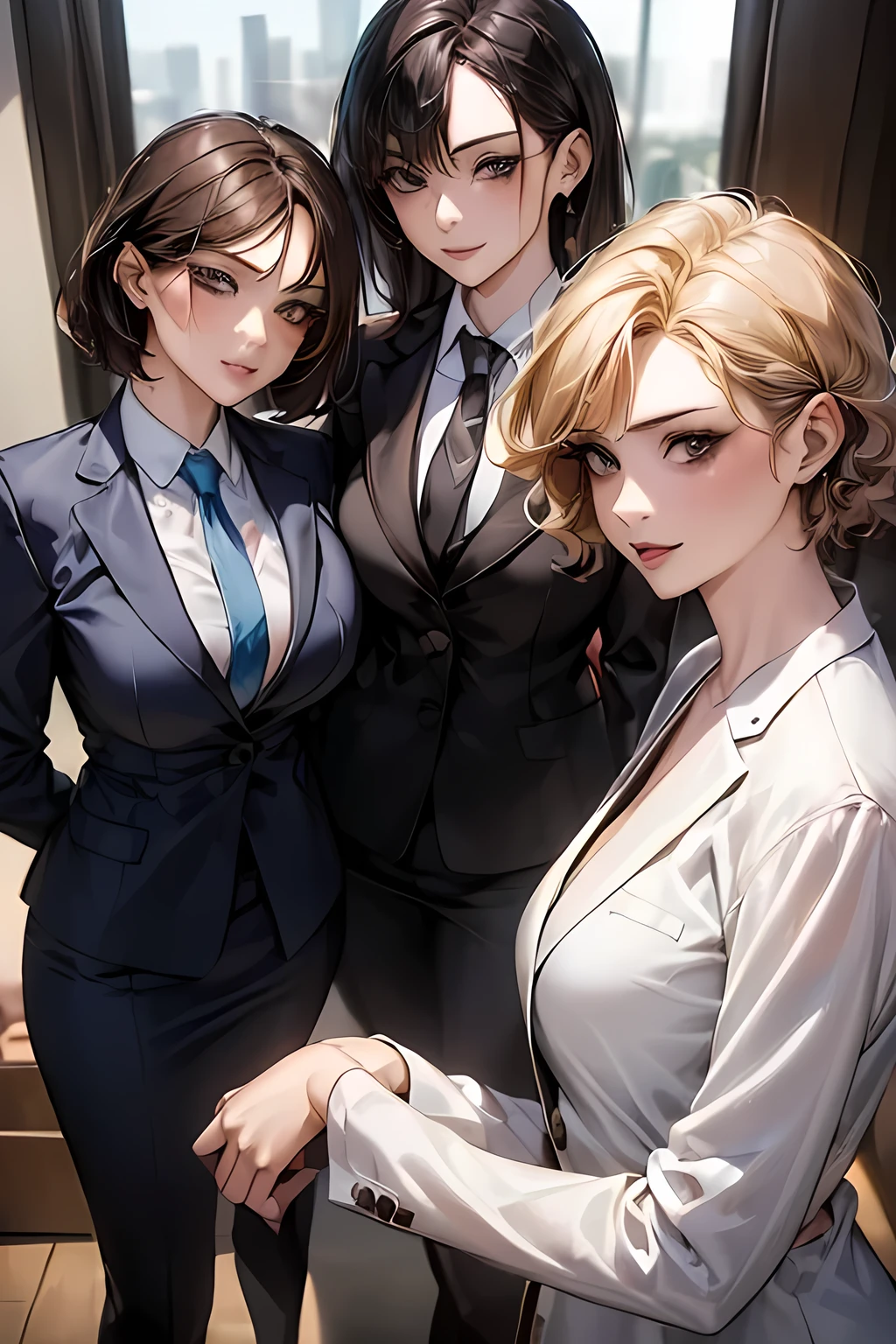 (Businesswoman, Three sexy women in suits:1.8), Sexy smile, Selfie:1.6, ((Short Curly Hair, Bob Hair, Straight Long, Different hair colors)), (office)