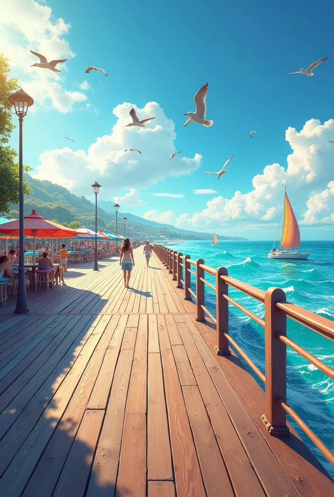 a beautiful summer pier, a wooden pier extending into a calm blue ocean, seagulls flying overhead, warm sunlight filtering through the air, people relaxing on the pier, sailboats drifting by in the distance, colorful umbrellas and beach towels, lush greenery surrounding the pier, a serene and tranquil atmosphere, (best quality,4k,8k,highres,masterpiece:1.2),ultra-detailed,(realistic,photorealistic,photo-realistic:1.37),seascape,landscape,summer,pier,ocean,wooden,serene,calm,blue,seagulls,sunlight,people,sailboats,umbrellas,greenery