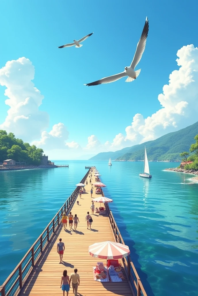 a beautiful summer pier, a wooden pier extending into a calm blue ocean, seagulls flying overhead, warm sunlight filtering through the air, people relaxing on the pier, sailboats drifting by in the distance, colorful umbrellas and beach towels, lush greenery surrounding the pier, a serene and tranquil atmosphere, (best quality,4k,8k,highres,masterpiece:1.2),ultra-detailed,(realistic,photorealistic,photo-realistic:1.37),seascape,landscape,summer,pier,ocean,wooden,serene,calm,blue,seagulls,sunlight,people,sailboats,umbrellas,greenery