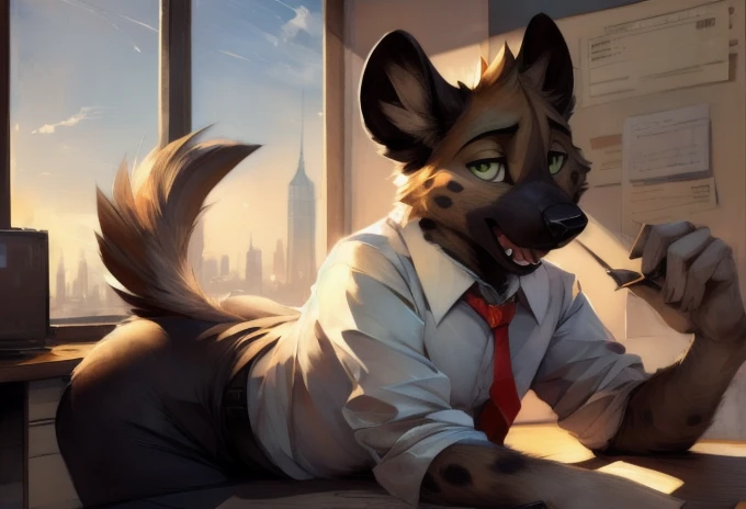 haida, hyena, nuzzle, male, spotted hyena, hyena boy, yellowish green eyes, fangs, spots, spotted body, white canine tail, white hands, white fingers, cheek tufts, neck short tufts, fur, lean, (wearing office outfit/ white shirt and red tie), by Bayard Wu, by Thomas Benjamin Kennington , (by Einshelm), solo, (sketch lines, colored sketch), volumetric lighting, dynamic light, full body, intricate details, absurd res, 8k, the best quality, the best resolution, masterpiece, beautiful composition, absurd res, needy eyes, submissive, excited, office setting, desk, documents and files, laying submissivley, arms holding butt, thick butt, plump butt, panting, butt crack,wall clock, city landscape, morning light, longing gaze, beer can,
