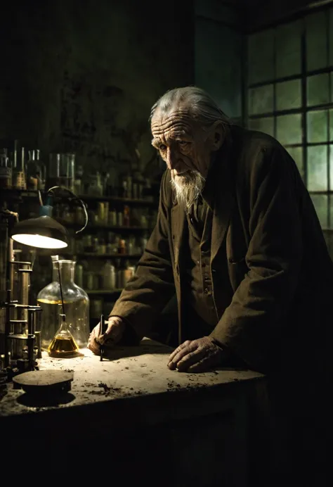 an old man, which is slightly decayed , creepy, in a laboratory