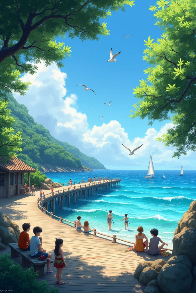 a beautiful summer pier, a wooden pier extending into a calm blue ocean, seagulls flying overhead, warm sunlight filtering through the air, people relaxing on the pier, sailboats drifting by in the distance, colorful umbrellas and beach towels, lush greenery surrounding the pier, a serene and tranquil atmosphere, (best quality,4k,8k,highres,masterpiece:1.2),ultra-detailed,(realistic,photorealistic,photo-realistic:1.37),seascape,landscape,summer,pier,ocean,wooden,serene,calm,blue,seagulls,sunlight,people,sailboats,umbrellas,greenery