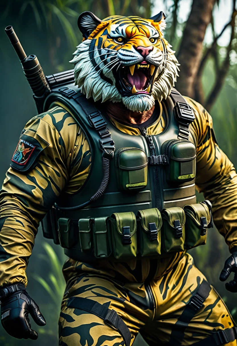 (a dark-skinned bearded fat muscular old man in a bulky army camouflage zipper diver suit) carrying a gun, (wearing realistic roaring tiger mask), dynamic action pose, fierce expression, showcasing an imposing stature, surrounded by military elements, dramatic shadows and intense highlights, cinematic color tones, high detail, powerful, art influenced by Bruce Onobrakpeya and Stanley Artgerm, ultra-detailed, best quality image, action-packed atmosphere, patrolling, masterpiece, 8k quality, swamp.