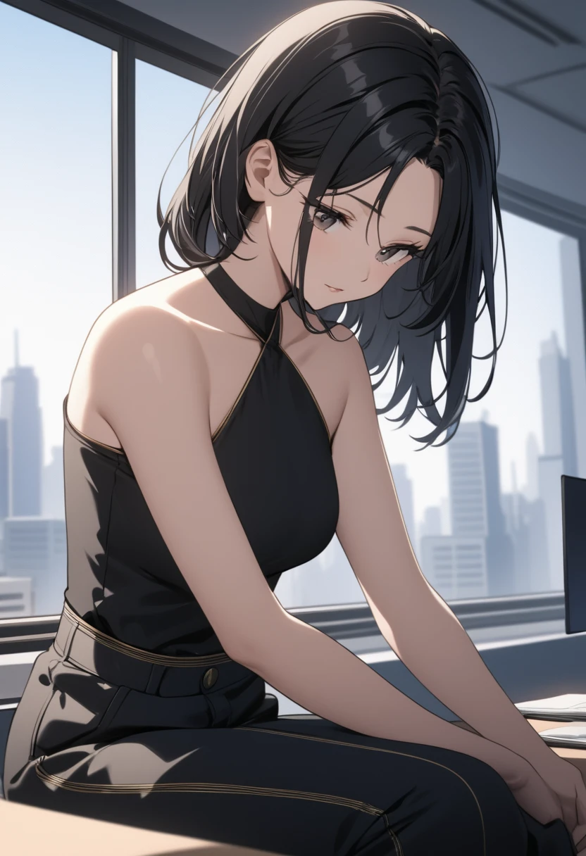 
long black hair, wearing a black halter top, form-fitting high-waisted pants with gold stitching, no visible accessories, sitting pose, hands resting on the desk, indoor office background with windows showing an urban cityscape, soft natural lighting from the left, creating gentle shadows, overall calm and focused atmosphere, front view, shallow depth of field with a sharp focus on the subject, well-balanced exposure.