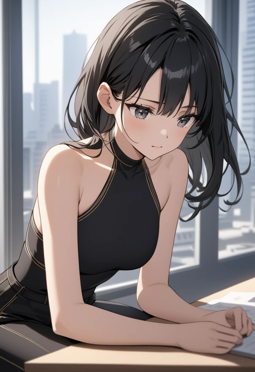 
long black hair, wearing a black halter top, form-fitting high-waisted pants with gold stitching, no visible accessories, sitting pose, hands resting on the desk, indoor office background with windows showing an urban cityscape, soft natural lighting from the left, creating gentle shadows, overall calm and focused atmosphere, front view, shallow depth of field with a sharp focus on the subject, well-balanced exposure.