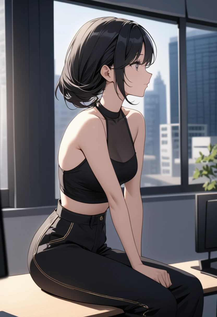 
long black hair, wearing a black halter top, form-fitting high-waisted pants with gold stitching, no visible accessories, sitting pose, hands resting on the desk, indoor office background with windows showing an urban cityscape, soft natural lighting from the left, creating gentle shadows, overall calm and focused atmosphere, front view, shallow depth of field with a sharp focus on the subject, well-balanced exposure.