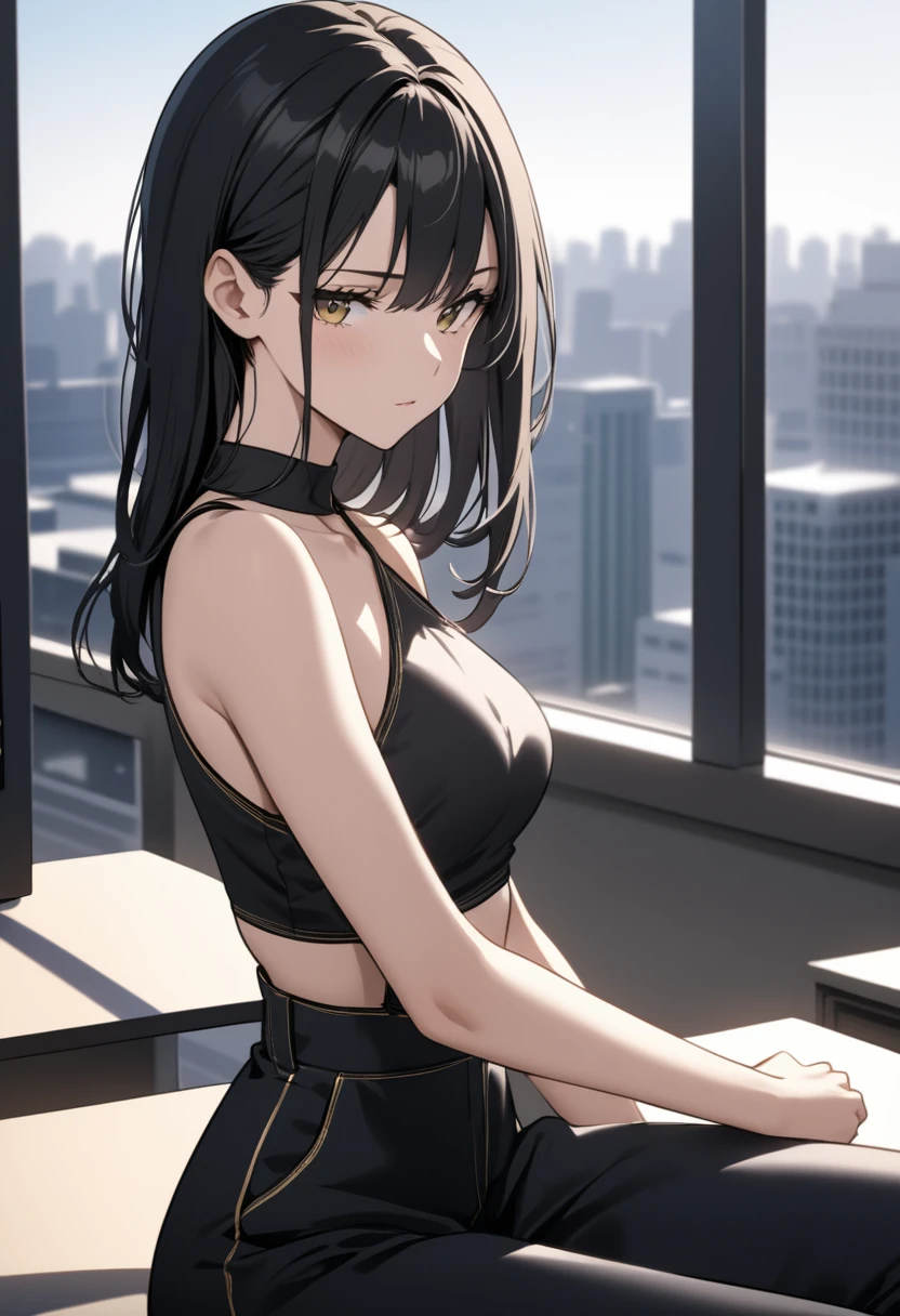 
long black hair, wearing a black halter top, form-fitting high-waisted pants with gold stitching, no visible accessories, sitting pose, hands resting on the desk, indoor office background with windows showing an urban cityscape, soft natural lighting from the left, creating gentle shadows, overall calm and focused atmosphere, front view, shallow depth of field with a sharp focus on the subject, well-balanced exposure.