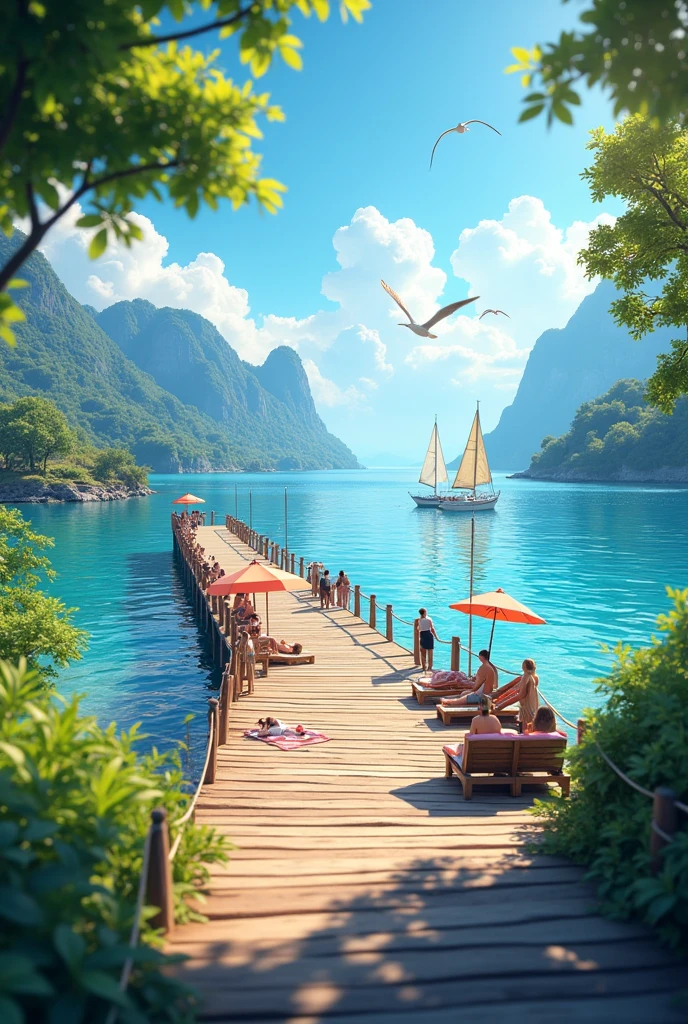 a beautiful summer pier, a wooden pier extending into a calm blue ocean, seagulls flying overhead, warm sunlight filtering through the air, people relaxing on the pier, sailboats drifting by in the distance, colorful umbrellas and beach towels, lush greenery surrounding the pier, a serene and tranquil atmosphere, (best quality,4k,8k,highres,masterpiece:1.2),ultra-detailed,(realistic,photorealistic,photo-realistic:1.37),seascape,landscape,summer,pier,ocean,wooden,serene,calm,blue,seagulls,sunlight,people,sailboats,umbrellas,greenery