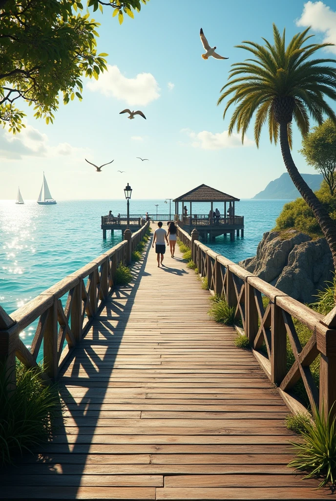 a beautiful summer pier, a wooden pier extending into a calm blue ocean, seagulls flying overhead, warm sunlight filtering through the air, people relaxing on the pier, sailboats drifting by in the distance, colorful umbrellas and beach towels, lush greenery surrounding the pier, a serene and tranquil atmosphere, (best quality,4k,8k,highres,masterpiece:1.2),ultra-detailed,(realistic,photorealistic,photo-realistic:1.37),seascape,landscape,summer,pier,ocean,wooden,serene,calm,blue,seagulls,sunlight,people,sailboats,umbrellas,greenery