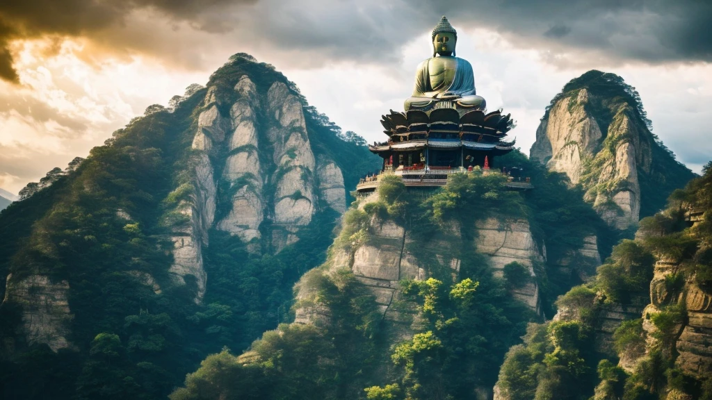 (best quality,masterpiece, complex,Extremely detailed,Practical,RAW photos,8K Ultra HD,Ultra-high resolution,photoPractical style,Movie Scenes, Clear focus,Dramatic Lighting,Extremely detailed CG unity wallpaper) ,Buddha statue on the cliff, 