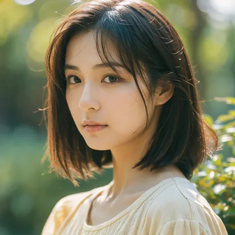 a hyper-realistic image of a single japanese woman in her early 20s, captured with the nostalgic warmth and subtle graininess of...