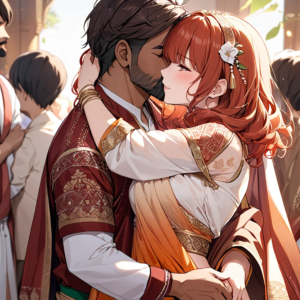 ((Highest quality)), ((masterpiece)), (detailed), （Perfect Face）The woman is a Celica with red hair.、The woman is wearing the traditional Indian dress, a sari.、The woman is embracing and kissing a middle-aged Indian man with a beard in their wedding ceremony.