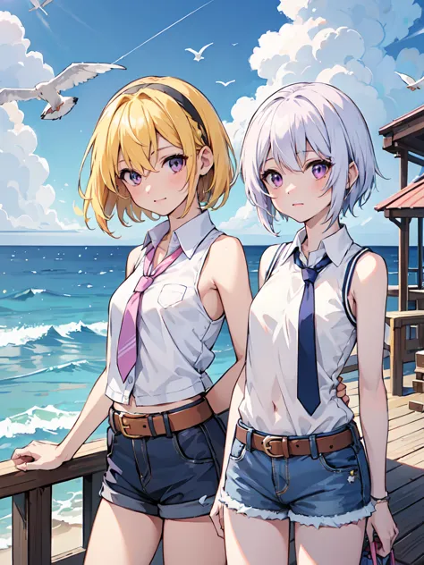 summer pier, blue sea, deep blue sky, white cloud, 1 female, alone, yellow hair, blonde, purple eyes, short hair, hair band, fla...