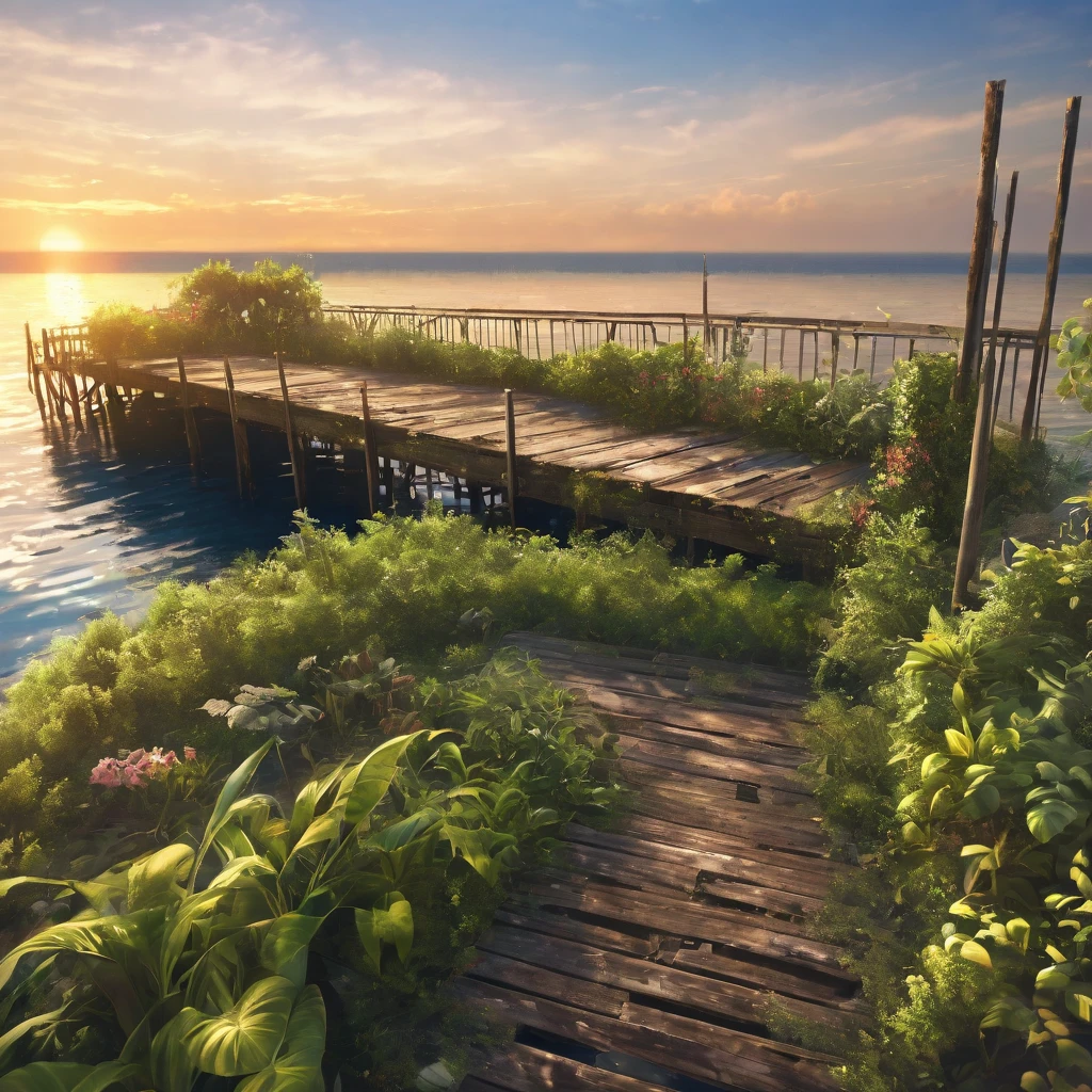 (La best quality,high resolution,Very detailed,Practical),Abandoned and dilapidated Summer Pier，covered in plants，Sunset（ （（A masterpiece full of calm elements）））， （（best quality））， （（Intricate details））（8K）