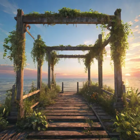 (la best quality,high resolution,very detailed,practical),abandoned and dilapidated summer pier，covered in plants，sunset（ （（a ma...