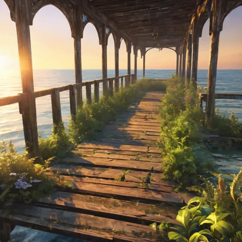 (la best quality,high resolution,very detailed,practical),abandoned and dilapidated summer pier，covered in plants，sunset（ （（a ma...