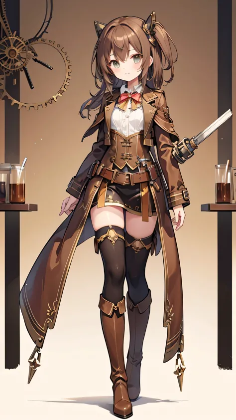 highest quality、high resolution、1 girl、mid-chest、brown hair、steampunk attire、mechanical goggles、brown knee-high boots、industrial...