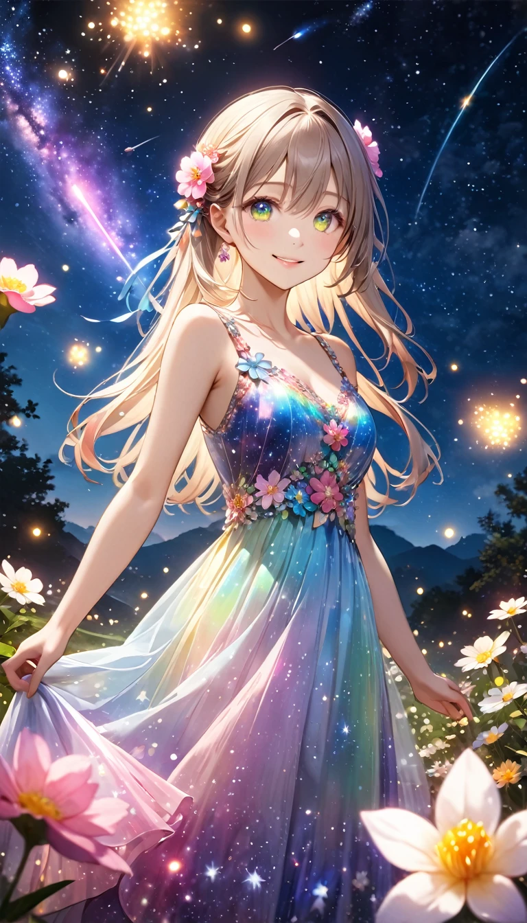 Highest quality, Highest quality, 8k, Very detailed, 2.5D, delicate and dynamic, Fireflies flying around with small lights, night, Starry Sky, milky way, nebula, shooting star, Flowers,,smile, Delicate eye depiction,  Healthy body shape, Colorful floral ornament, Crystal translucent dress, Colorful long dress, 