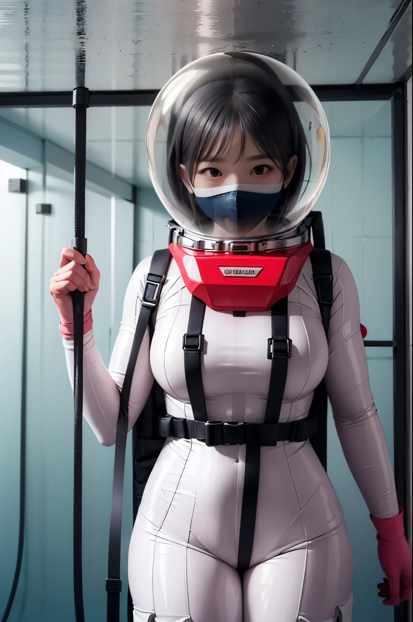 (spacesuit:1.15), white cargo pants, astronaut)bubble helmet, space helmet , , indoors,underwater, masterpiece, best quality, 1girl, solo, short hair, , ,(heart sayings:1.2), , trembling, HARD TO BREATH,, fog,water on the face, drowning, water torture, water in the helmet, blue visor helmet hands up, (holding head:1.5),(Face covered in blue water:1.3), from above,on the bed,