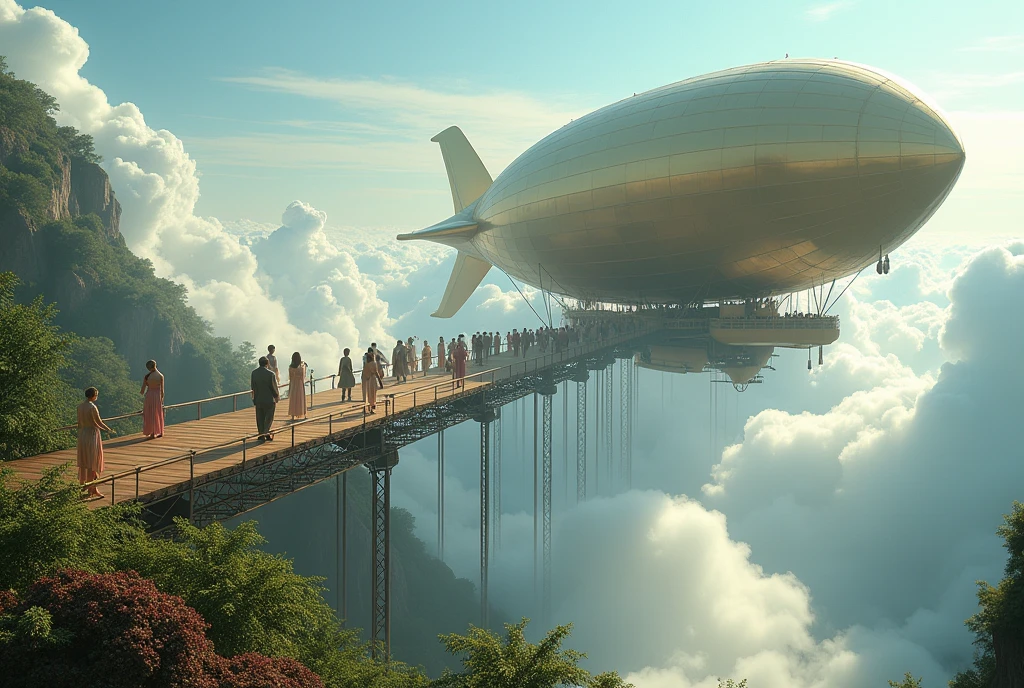 The airship arrives at a long pier extending from the garden above the clouds, and many tourists in summer attire descend, ((masterpiece, Highest quality, Best image quality, High resolution, Realistic, RAW Photos, 8k, Highly detailed CG synthesis 8k wallpaper)), (Huge and stunning goddess shot, Very hot and sexy, Incredible beauty, Perfect Proportions, Beautiful body, Slim body beauty:1.4), 