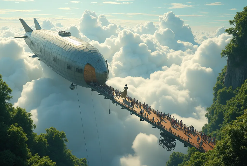 The airship arrives at a long pier extending from the garden above the clouds, and many tourists in summer attire descend, ((masterpiece, Highest quality, Best image quality, High resolution, Realistic, RAW Photos, 8k, Highly detailed CG synthesis 8k wallpaper)), (Huge and stunning goddess shot, Very hot and sexy, Incredible beauty, Perfect Proportions, Beautiful body, Slim body beauty:1.4), 