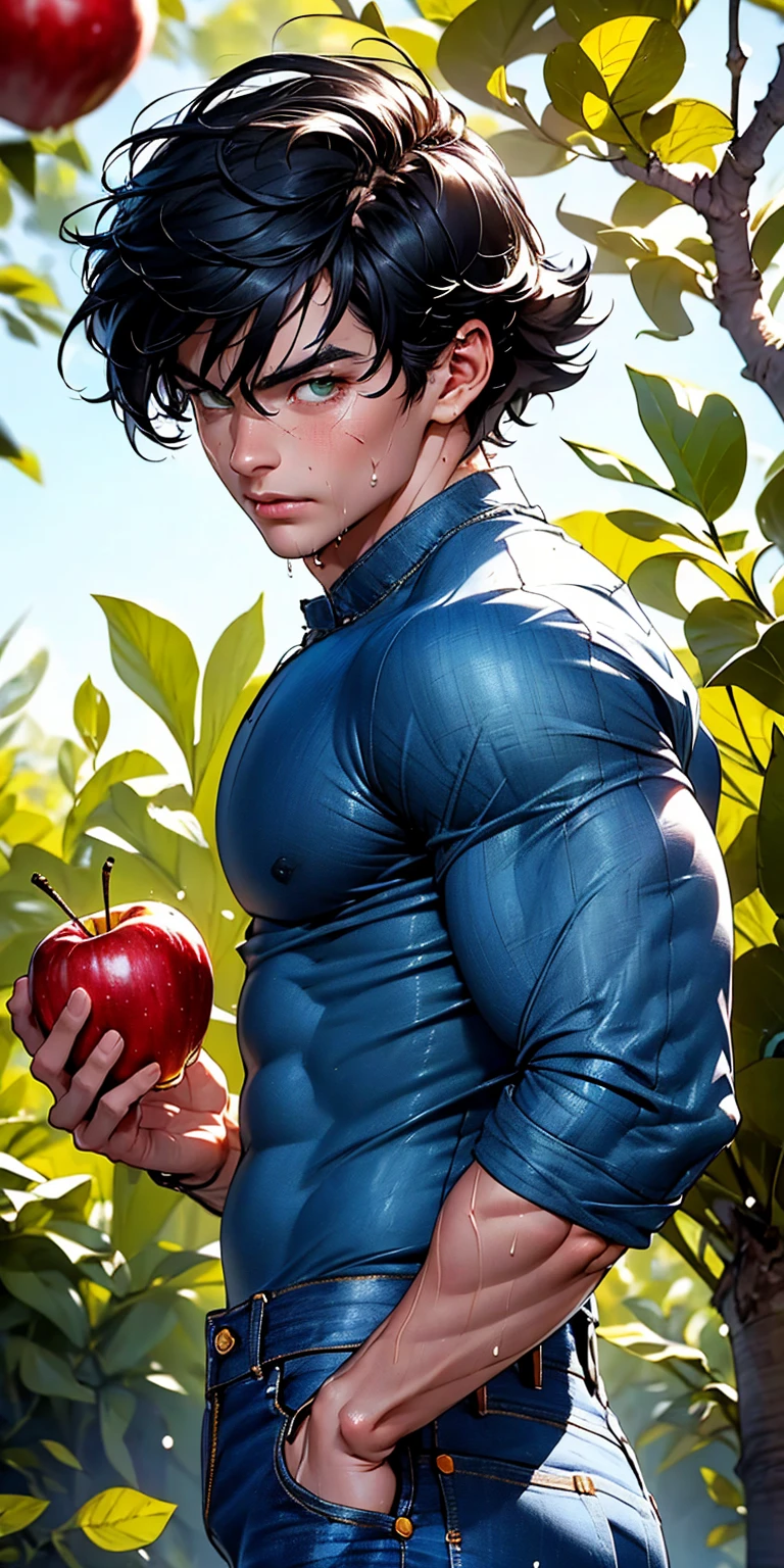 (masterpiece), (8k), (best quality), (realistic human-like), (sculpted perfection), handsome teenage boy with thick eyebrows (perfect detail), hyper-realistic muscle facial structure (fine detail), stylist shiny black hair Son Goku (fine detail), extremely emaciated, has extreme muscle tears and coarse veins on the body (fine detail), full body shot, top side angle view, shirtless, undress, (soft greenish eyes looking), happy look, plucking an apple above (perfect detail), ripped hard belly, belly hair (detailed), body very wet sweaty and shiny, (wearing tight blue jeans, nice bulge, perfectly detailed), background lush apple trees with red apples hanging above.